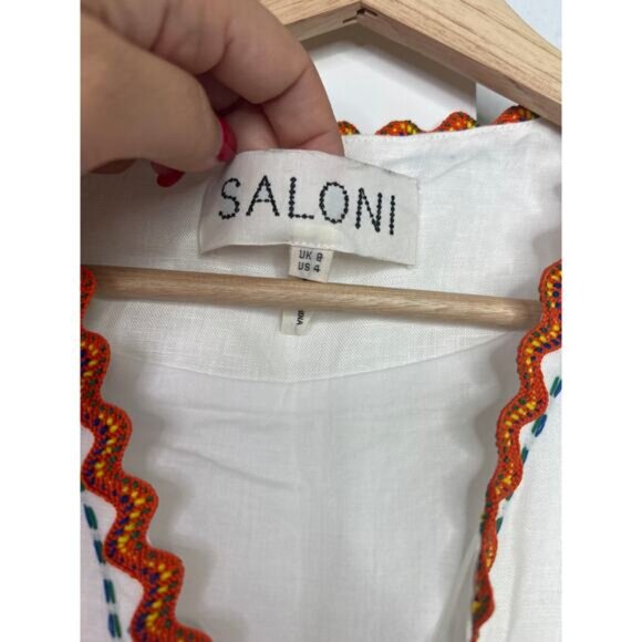 NEW Saloni Marlee Embroidered Scallop-Edge Embroidered Linen Dress White Size: 4 - Picture 4 of 8